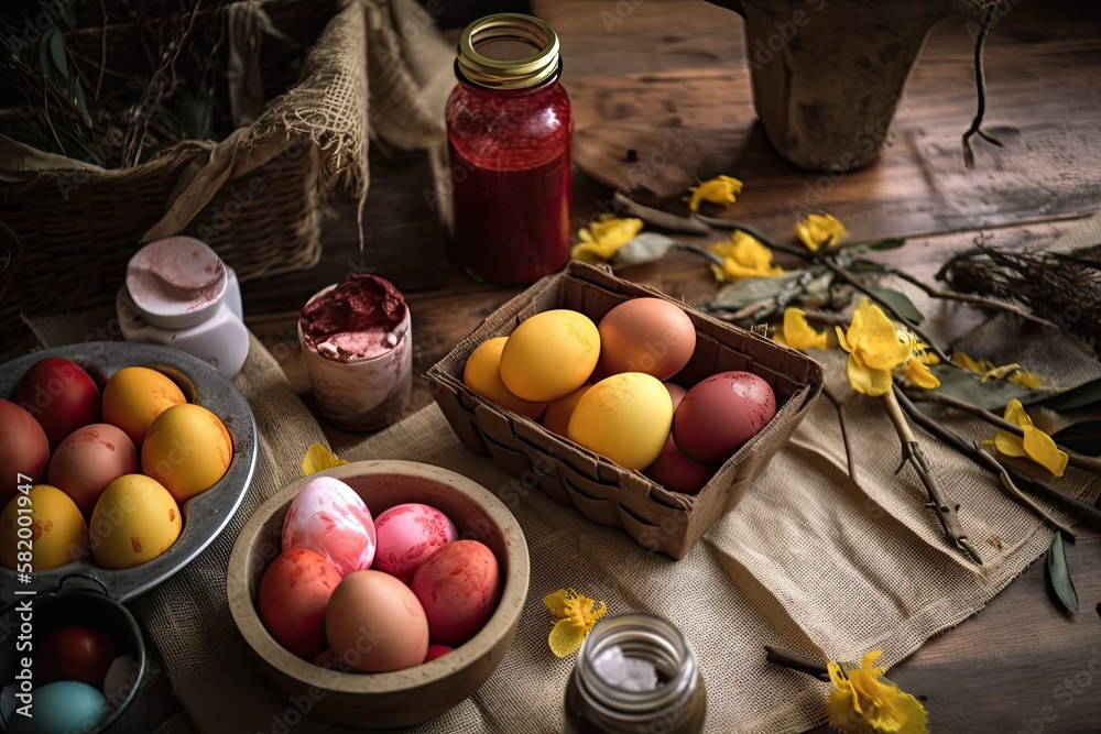 Easter celebrations include natural dye for Easter eggs. On a rustic table, homemade Easter eggs dec