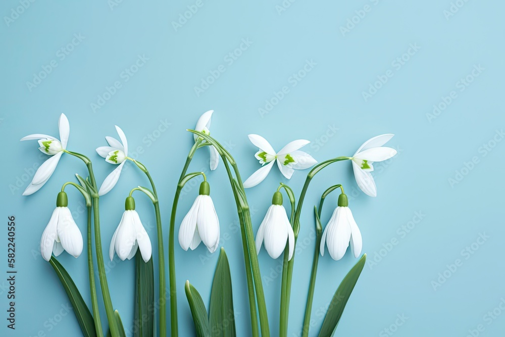 Inventive design featuring snowdrop blossoms on a sky blue backdrop. Lay flat. Spring minimalistic d