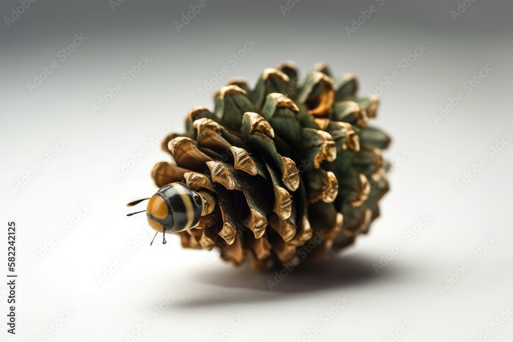 Isolated pine cone on a white background with a tiny green bug. Macroscopic photography. Generative 