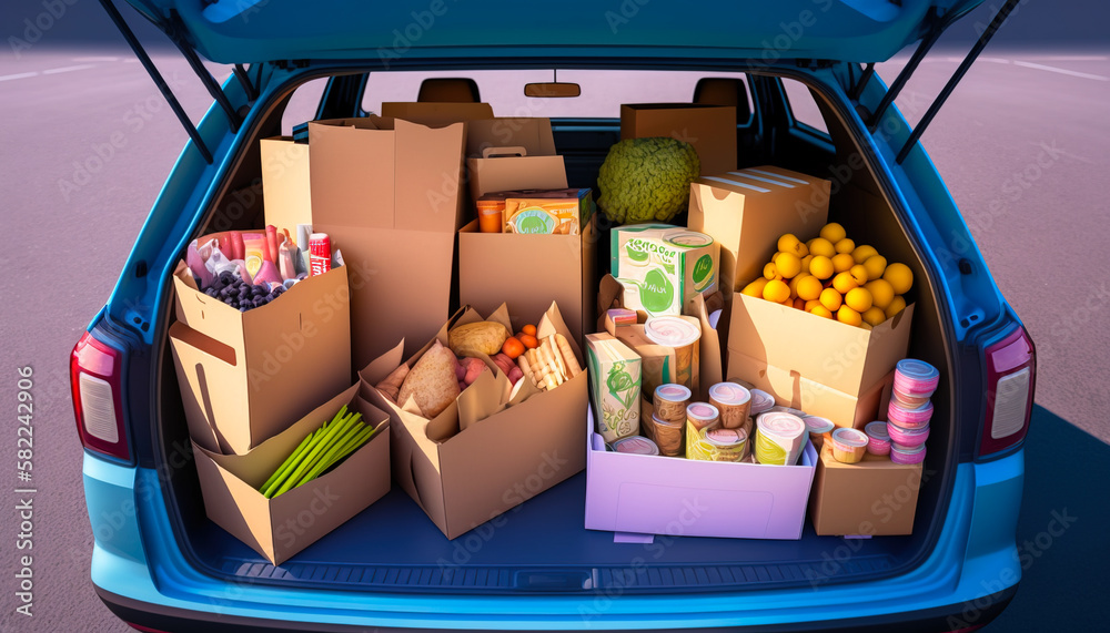 Home Grocery Delivery: Car Trunk Packed with Healthy Food Choices - ai generated