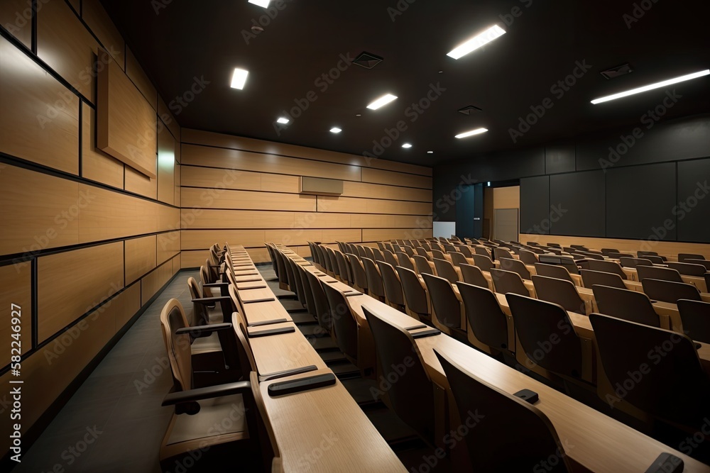 Lecture theater showing white screen. For concepts such as school and education, business and traini