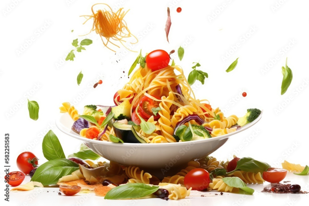 Pans and pasta in a composition with veggies flying in the air, isolated on white. Generative AI