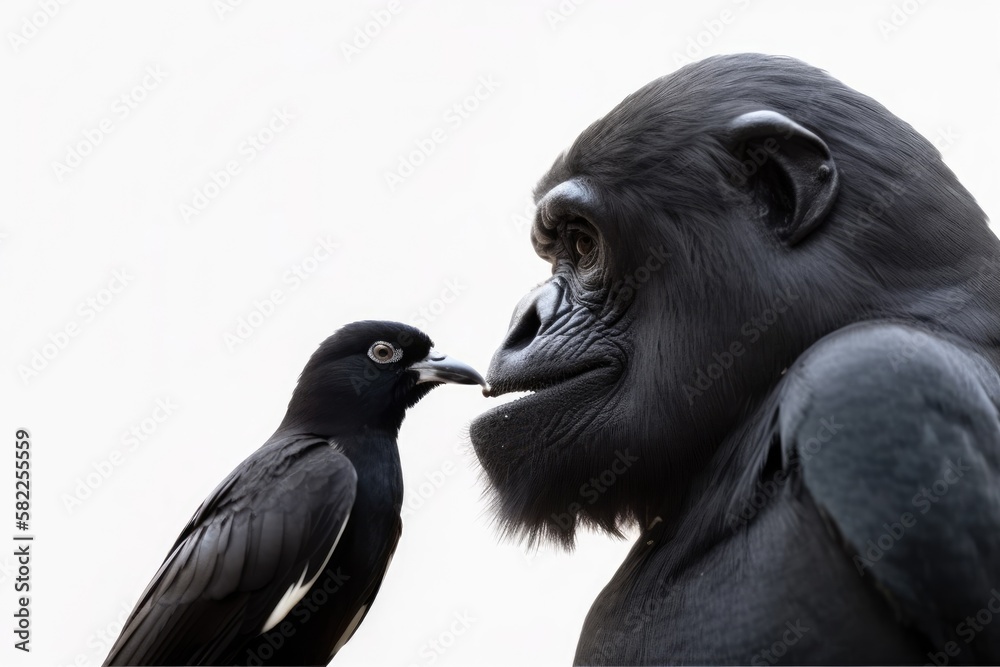 Gorilla on a white background showing a bird his familys love. Generative AI
