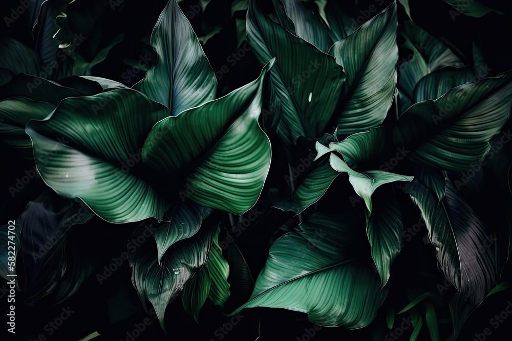 The idea of Cannifolium spathiphyllum leaves with an abstract, dark green surface, a background made