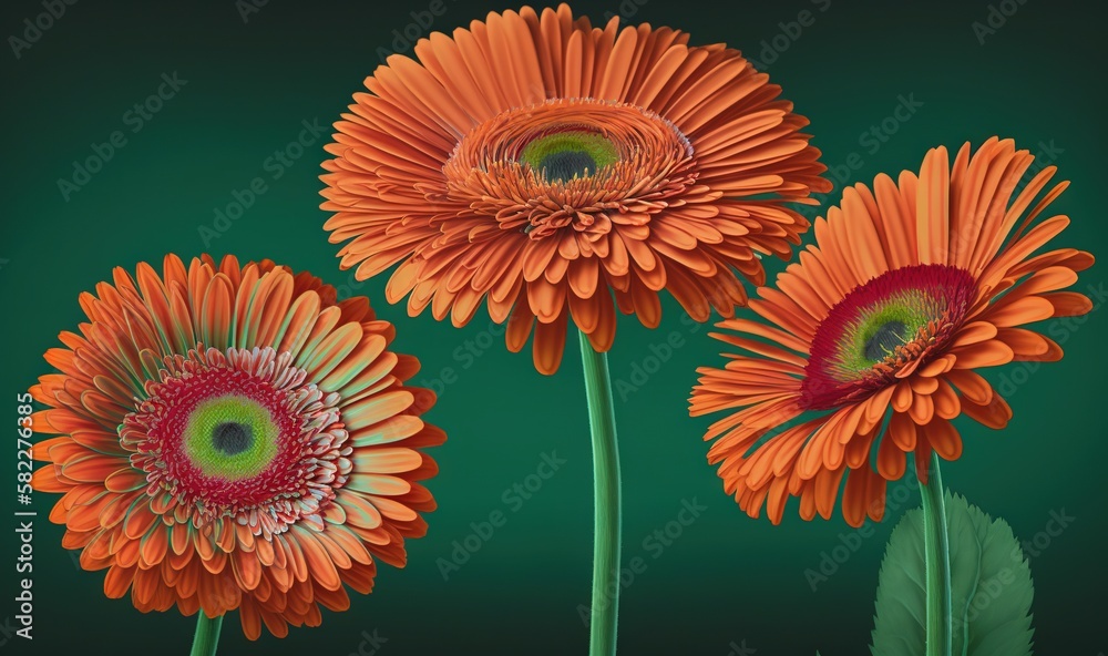  three orange flowers with a green center on a green background with a green background and a green 