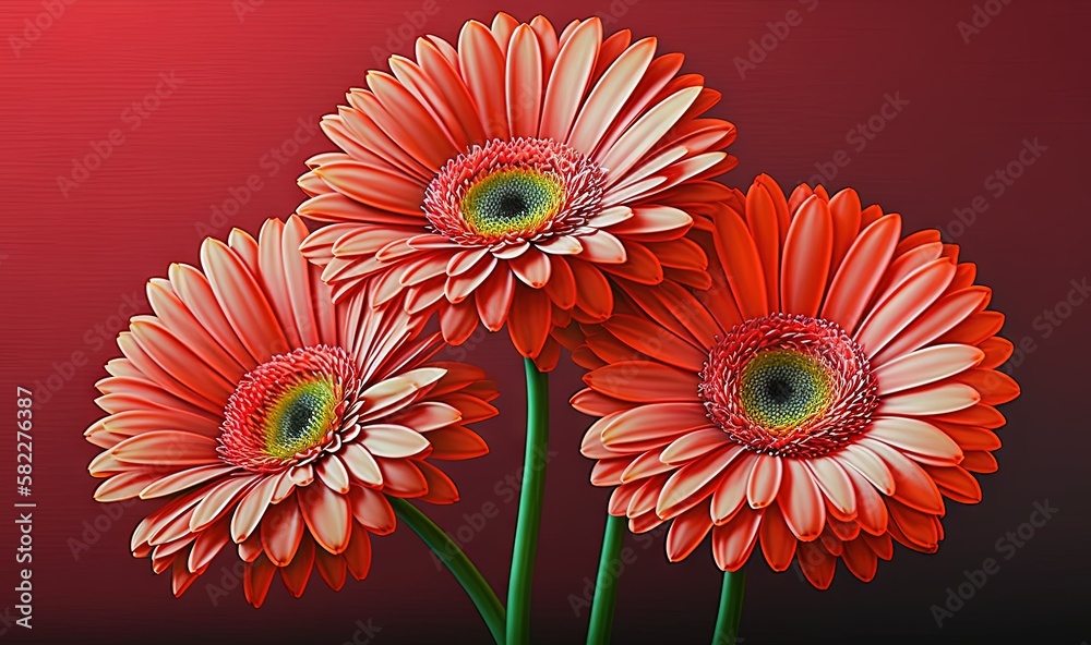  a painting of three red flowers on a red background with a green center in the middle of the image 