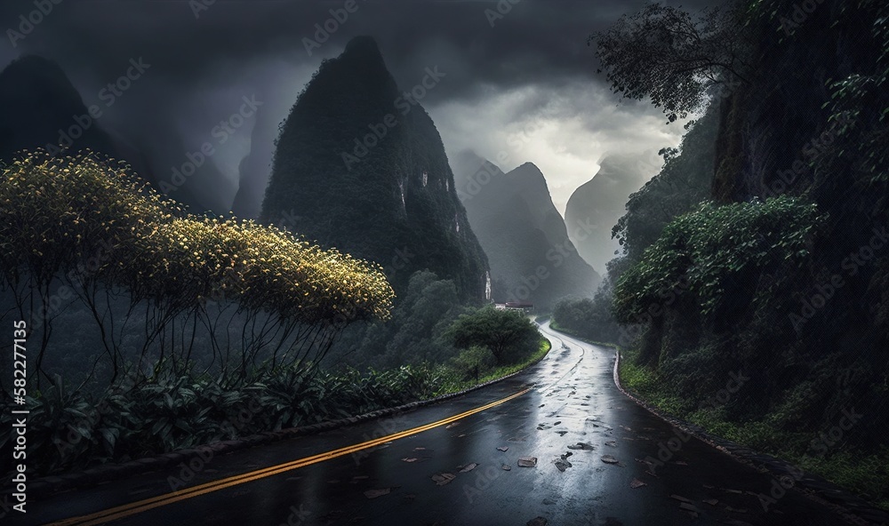  a wet road in the middle of a mountainous area with a mountain range in the background and a dark s