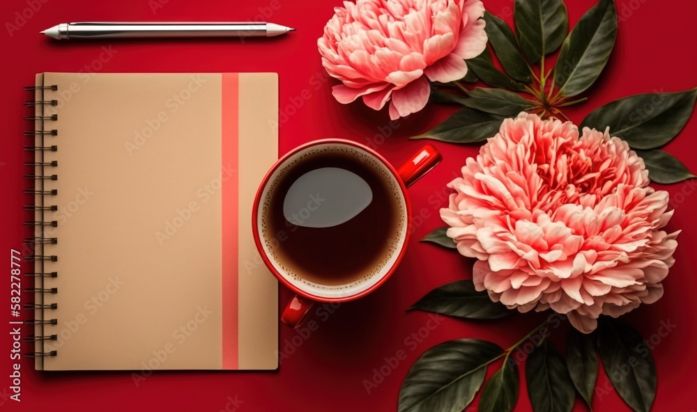  a cup of coffee and a notebook on a red surface with flowers and a pen on top of the notebook and a
