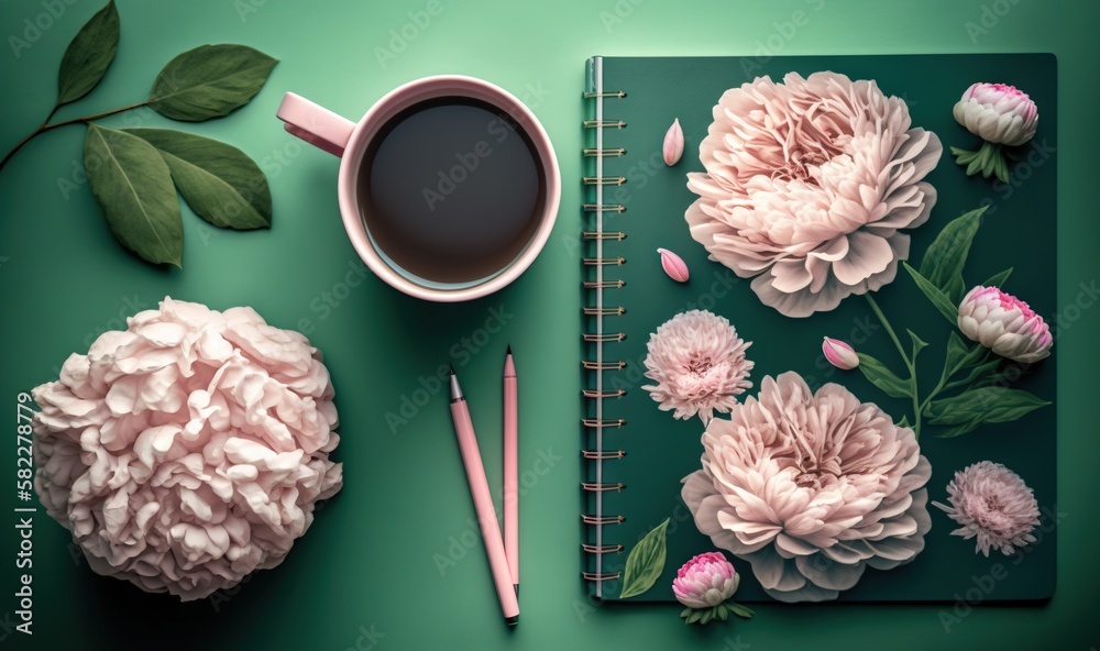  a cup of coffee next to a notebook with flowers on it and a pencil on the side of the notebook and 