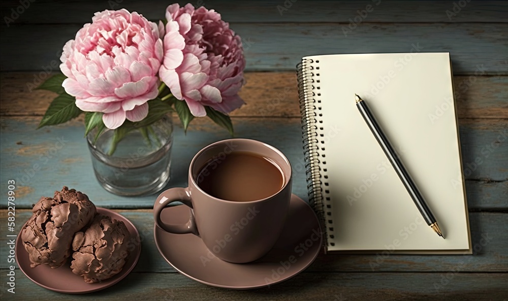  a cup of coffee, a cookie, and a notebook on a wooden table with a flower in a vase and a pen and p