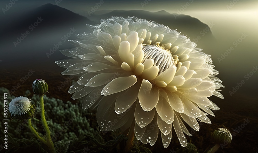 a large white flower with drops of water on its petals and a mountain range in the background with