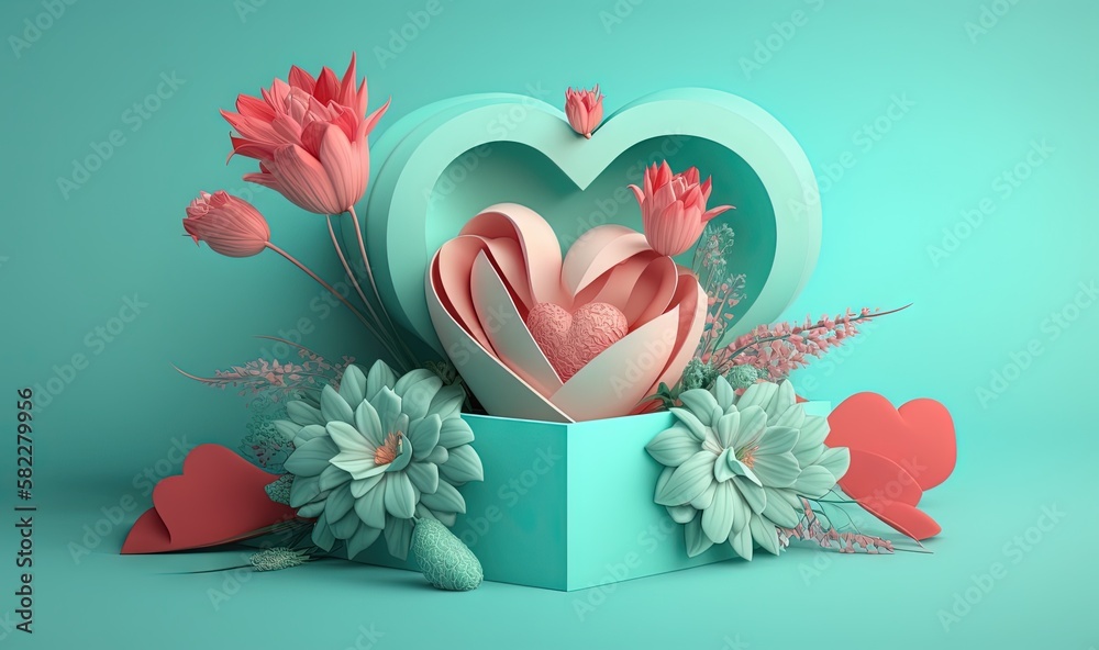  a heart shaped box filled with flowers and paper cutouts on a blue background with hearts and flowe