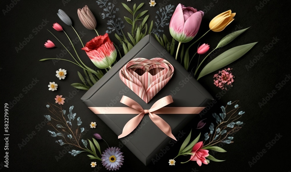  a gift box with a pink ribbon and a heart on top of it surrounded by flowers and greenery on a blac