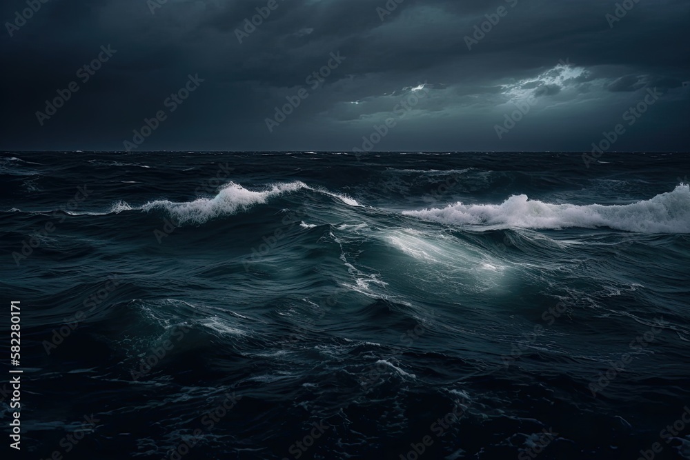 Dark ocean storm at night with lighting and waves. Generative AI