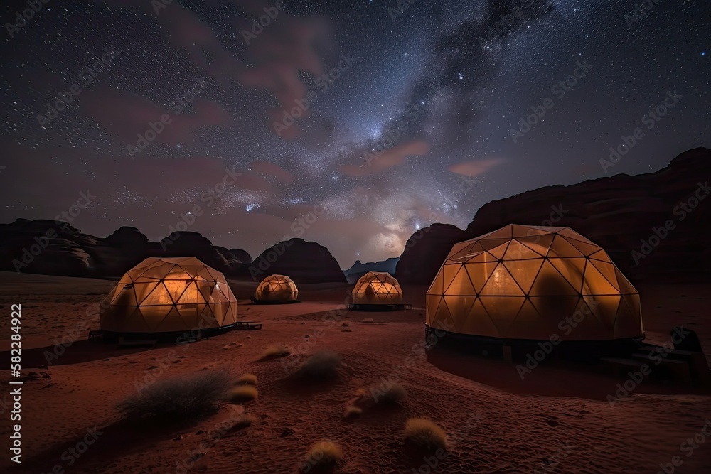Stars above martian dome tents in Wadi Rum Desert, Jordan. Generative AI