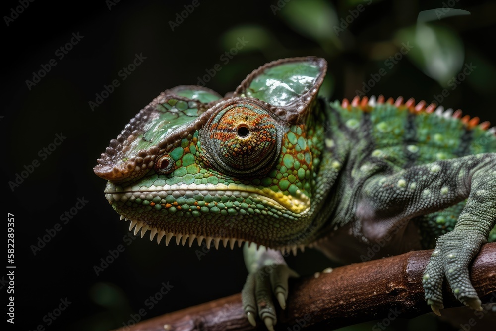 Beautiful chameleon panther hue, chameleon panther on branch, and close up of its face. Generative A