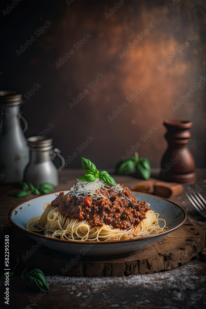 Home made Spaghetti Bolognese made with meat and pasta. Illustration AI Generative