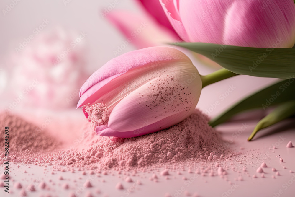 a beautiful pink tulip lying on pink powder. Illustration AI Generative