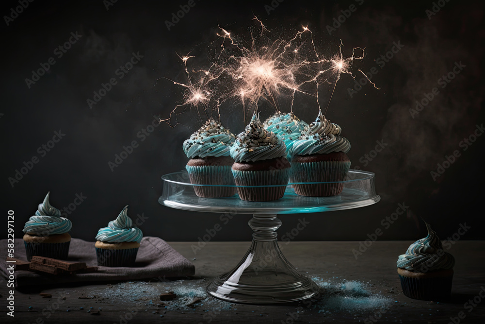Cupcakes on a cake stand with sparklers. Illustration AI Generative