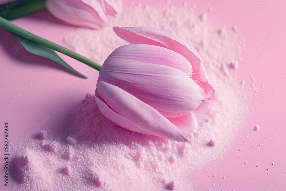 a beautiful pink tulip lying on pink powder. Illustration AI Generative