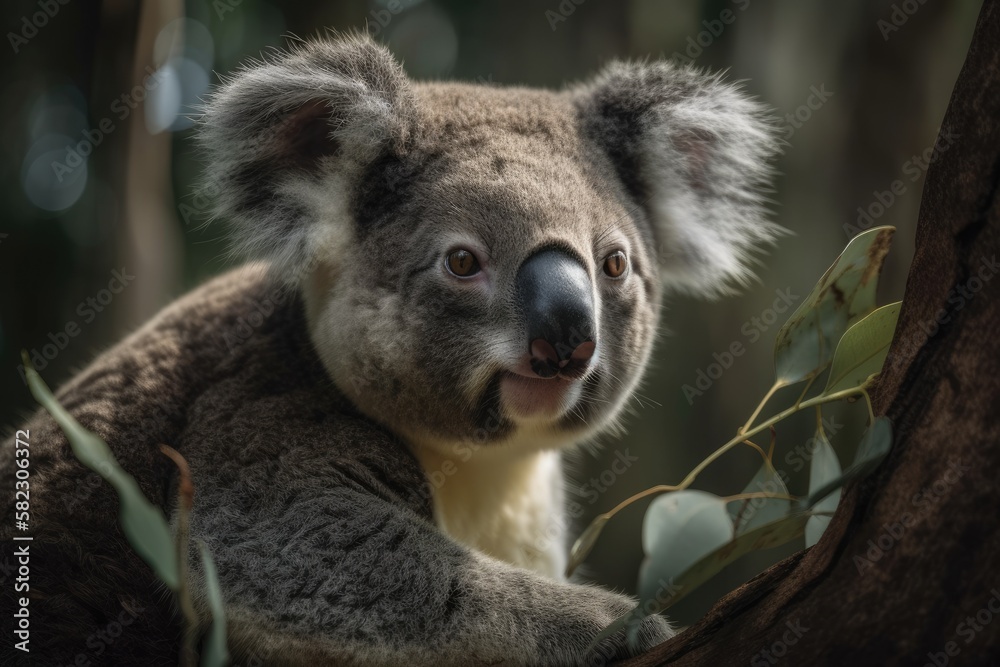 On a tree is a koala. in a forest in Australia. Generative AI