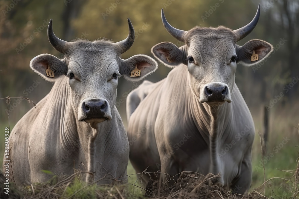 Two large grey cattle from Hungary. Generative AI