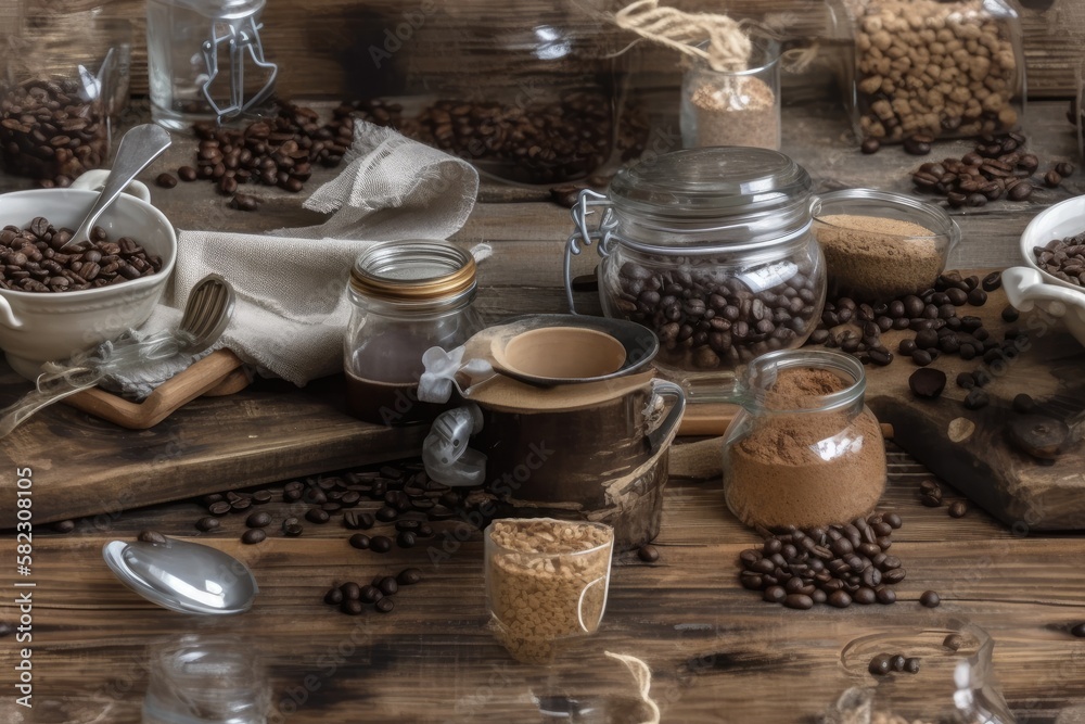 On a wooden background are numerous coffee cups, milk, beans, and ground coffee in a jar. superior p