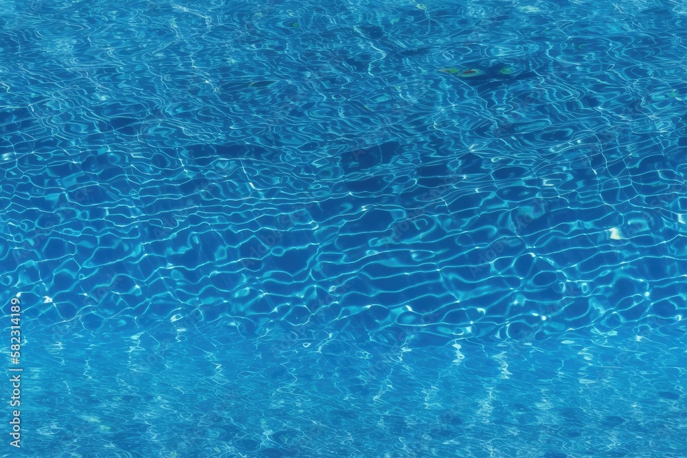 Blue water surface of a swimming pool with strong sun light reflections. Generative AI
