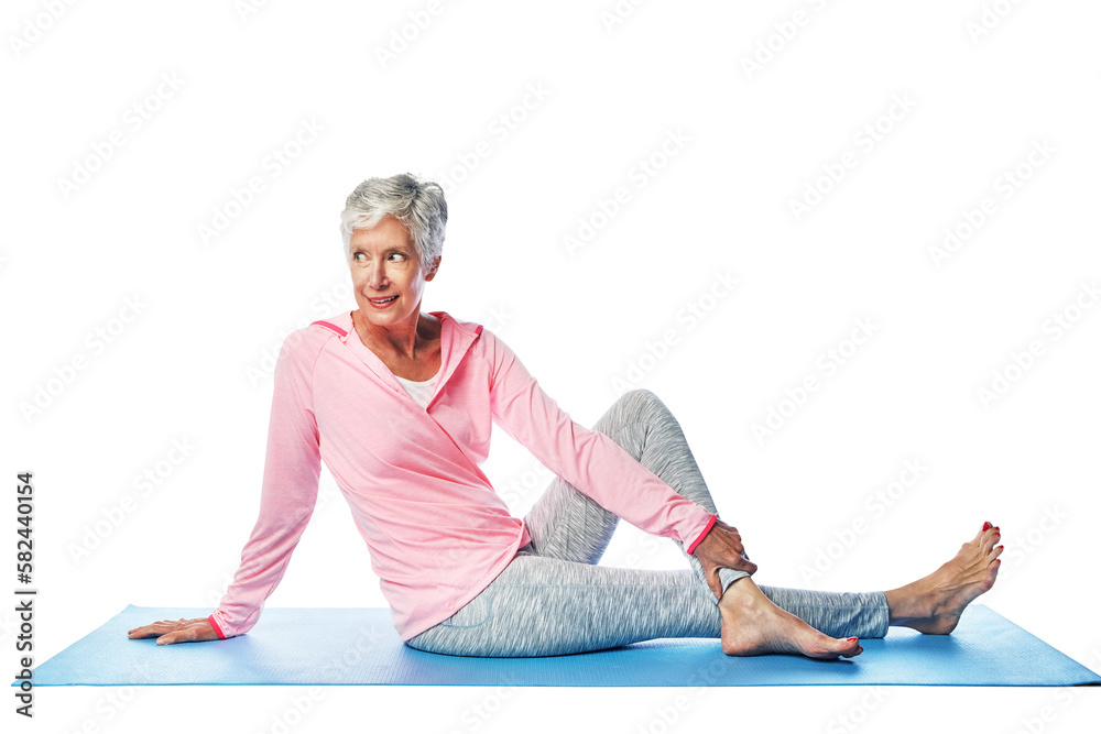 Flexibility, fitness and senior woman in yoga twist to stretch for old age health and wellness. Png,