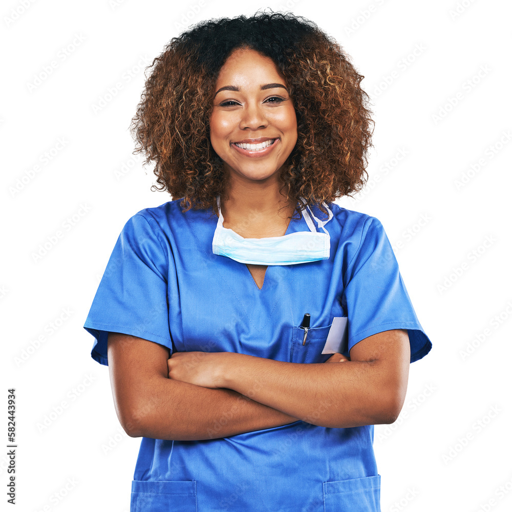 Confident, portrait and black woman nurse smiling. Face, healthcare or proud and happy female medica