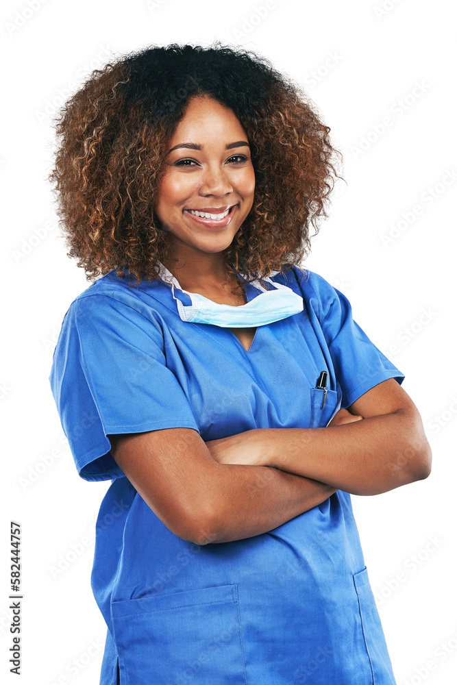 A Black woman, portrait and nurse with arms crossed. Medic, healthcare or confident, happy or proud 