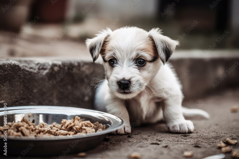 Adorable little puppy eating dog food from a bowl. Feeding pets is a notion. Generative AI