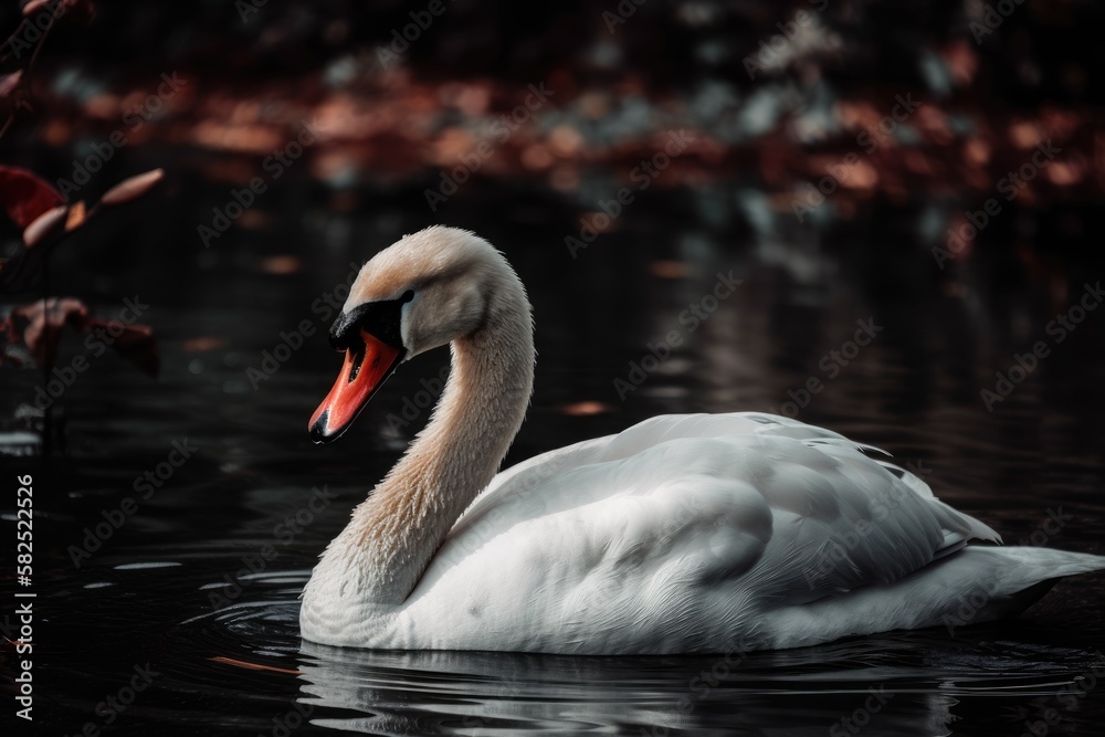On the edge of a pond, a graceful white Swan with a crimson beak stands. the Cygnus olor, sometimes 