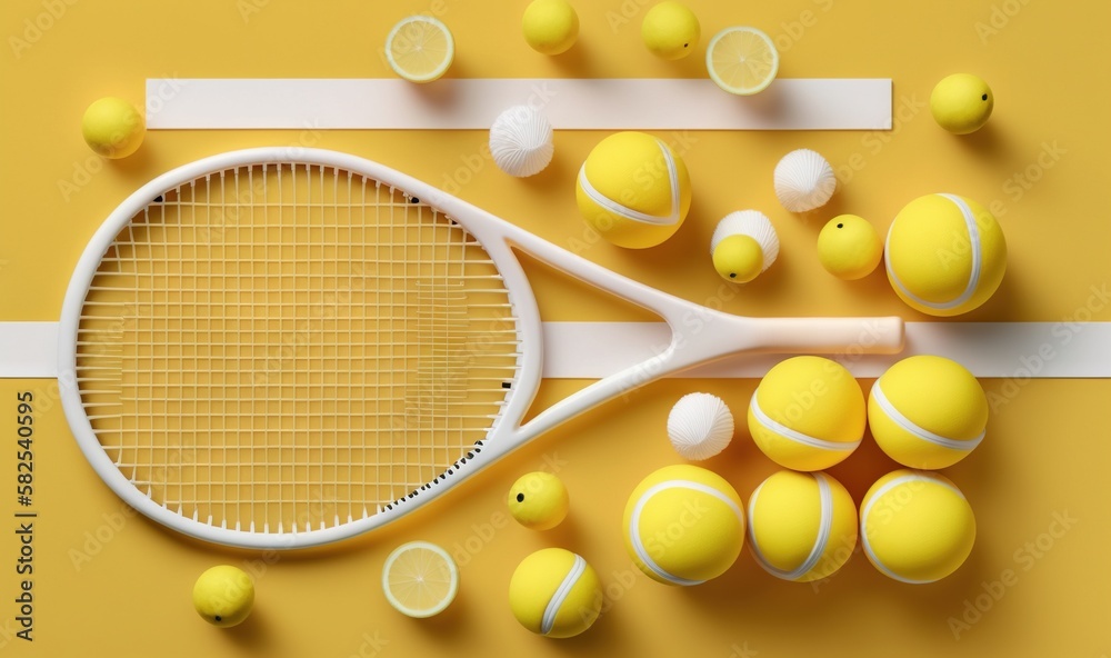  a tennis racket and balls on a yellow background with a white stripe and a yellow background with a