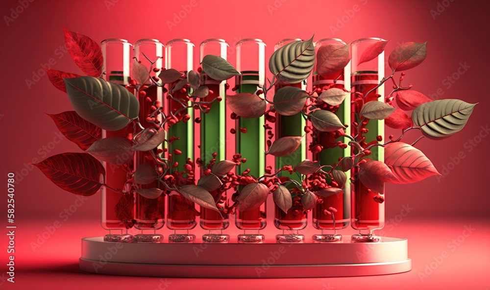  a bunch of tubes with plants inside of them on a stand on a red surface with a red light in the bac