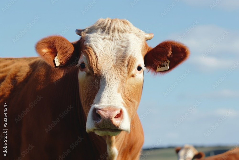 a sweet and serene image of a red cow with a white blaze, a pink nose, and a peaceful and pleasant l
