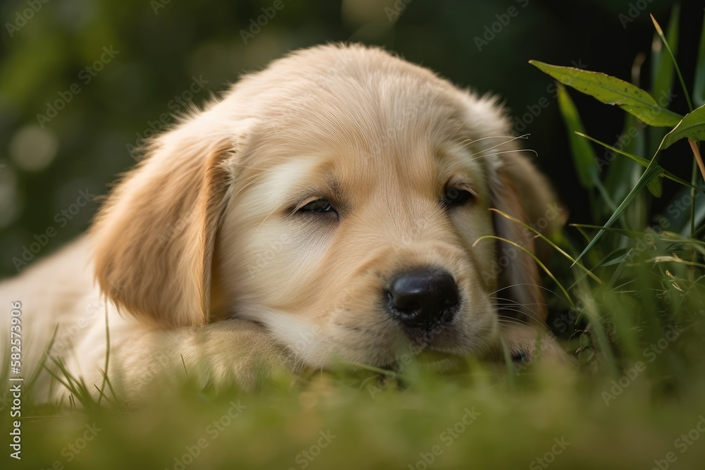 Golden retriever lab mix puppy sleeping on the grass. Generative AI