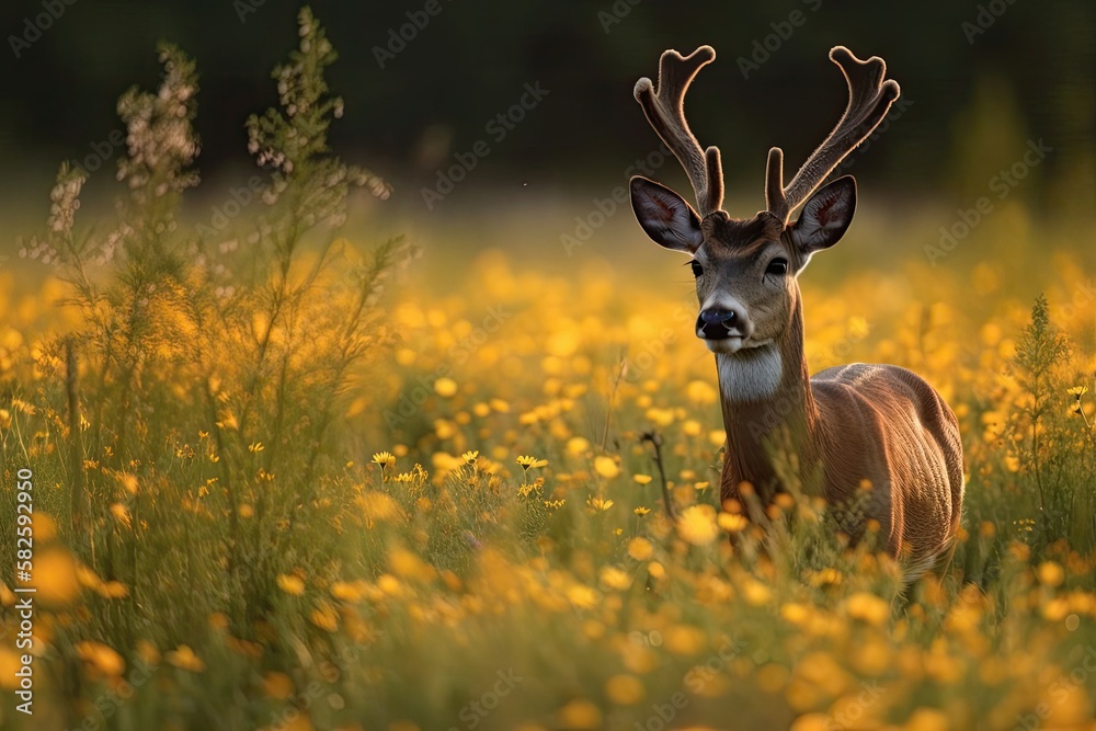 Buck capreolus capreolus in the summertime on a flower filled grassland. The Roebuck at dusk. Wild a