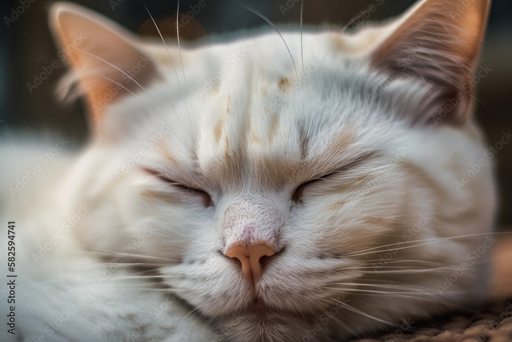 A sleeping plump white British cat with long, dazzling white whiskers and closed eyelids is depicted