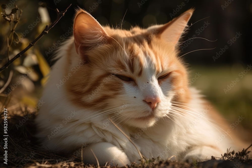 On the ground on the lush grass beneath the tree, a ginger and white fluffy cat is dozing. Generativ