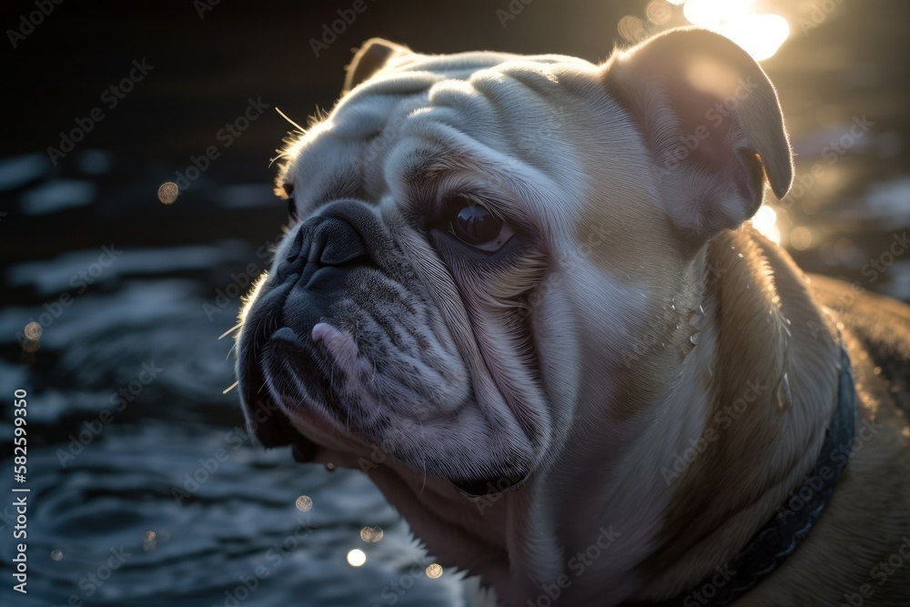 Bulldog casting a lovely light up toward his face. Generative AI
