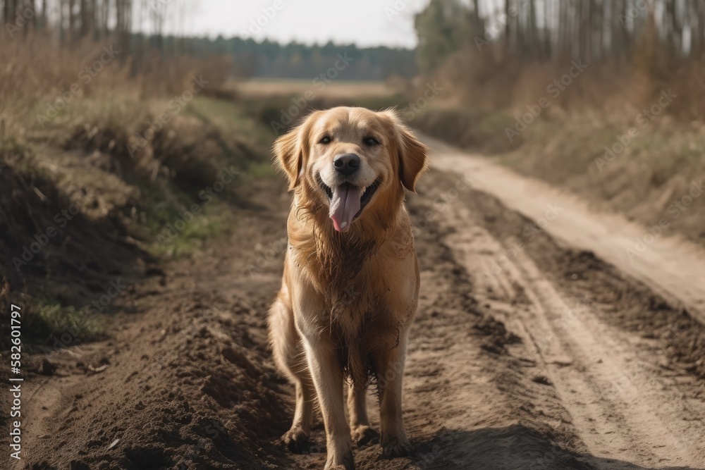 Canine on a road. Generative AI