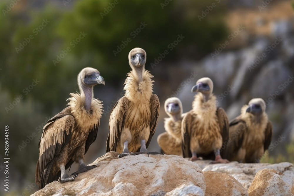 On a rock, several Griffon Vultures (Gyps fulvus) are seated. Generative AI