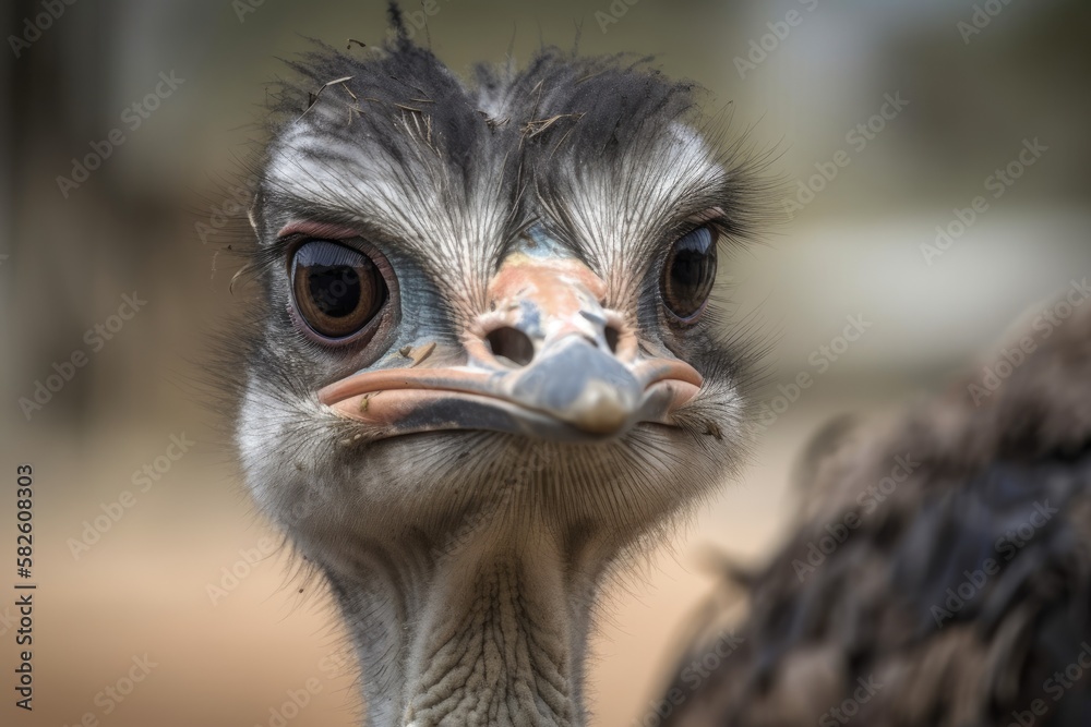 A frontal headshot of an African ostrich with an amusing attitude. Generative AI