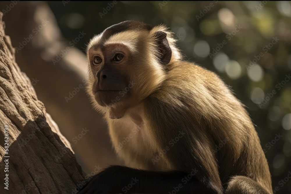 Chlorocebus sabaeus, a green capuchin monkey, resting and surveying its surroundings in a zoo in Spa