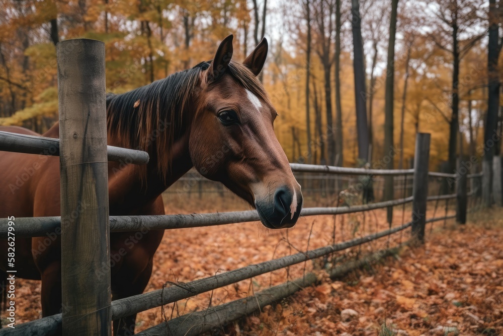 A huge brown horse munching grass in a pen against the backdrop of an autumn forest. Generative AI
