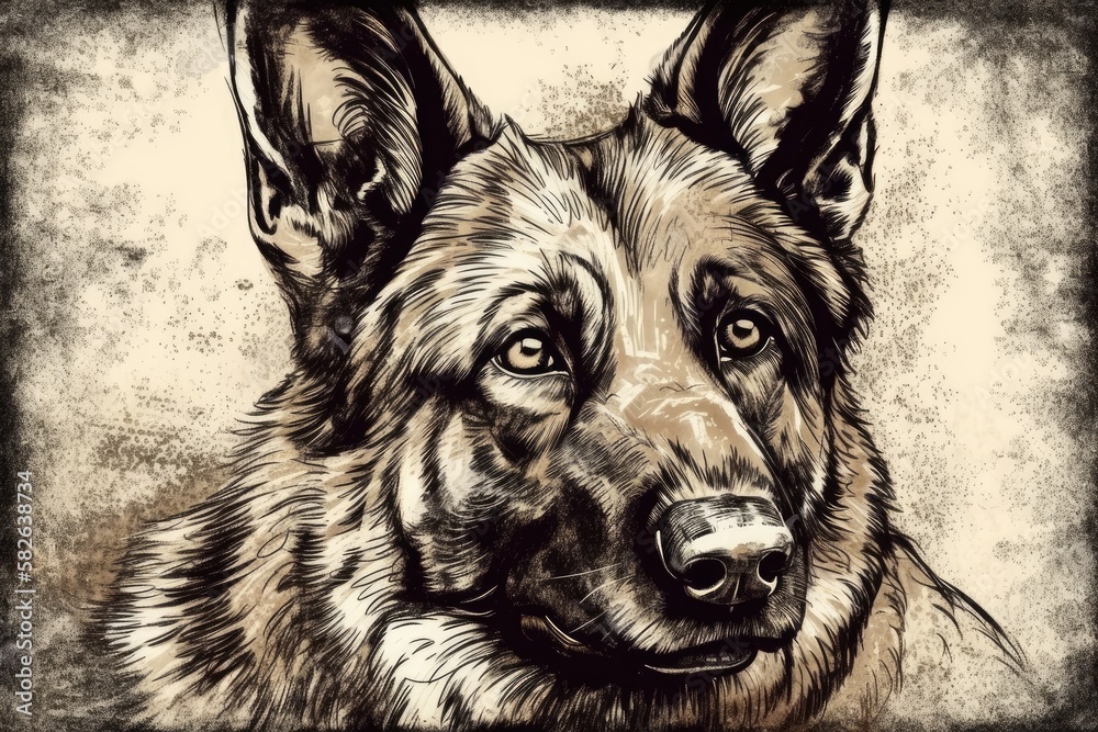Illustration of a lovely German Shepherd. Freehand illustration of a German sheepdog. Generative AI