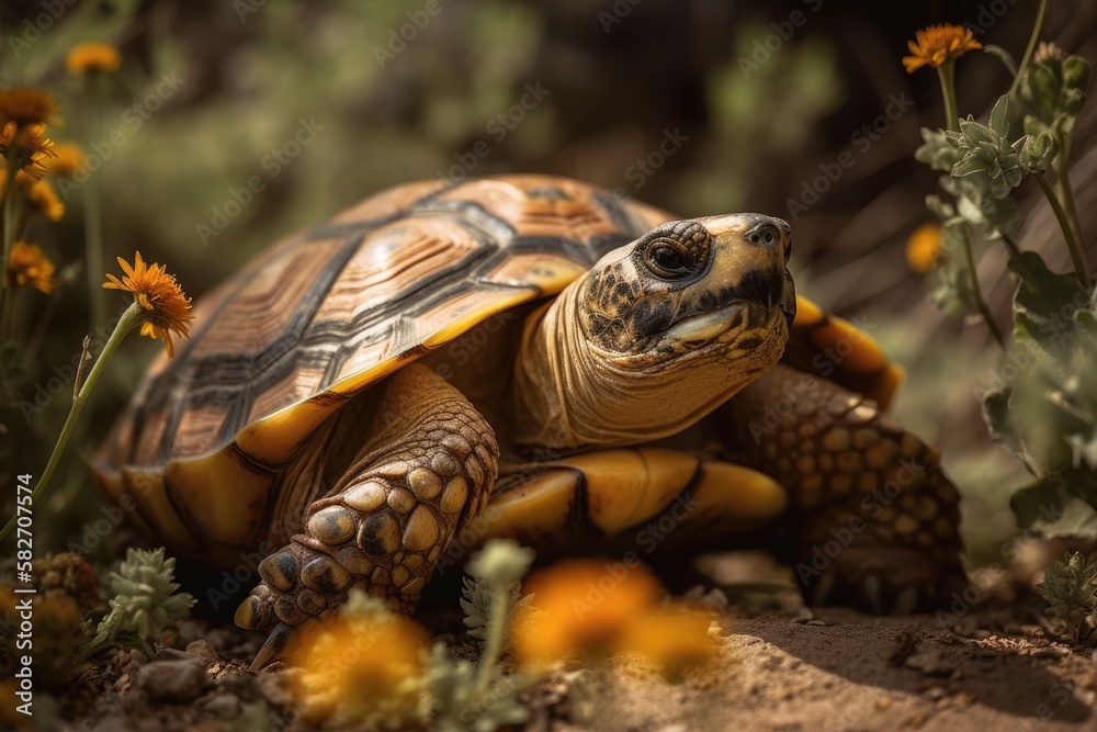 radiant tortoise portrait, A lovely critter, Astrochelys radiata, sunbathes on the ground with his p