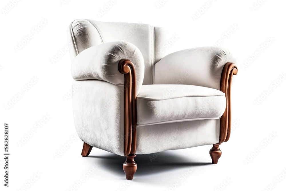Isolated on a white background, a traditional art deco armchair with wooden legs and white velvet up