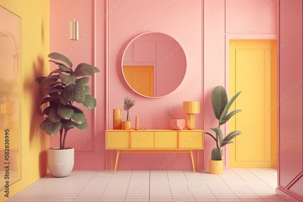 Interior in pink and yellow with picture frame, entryway cabinet, and other furnishings. Scene in a 